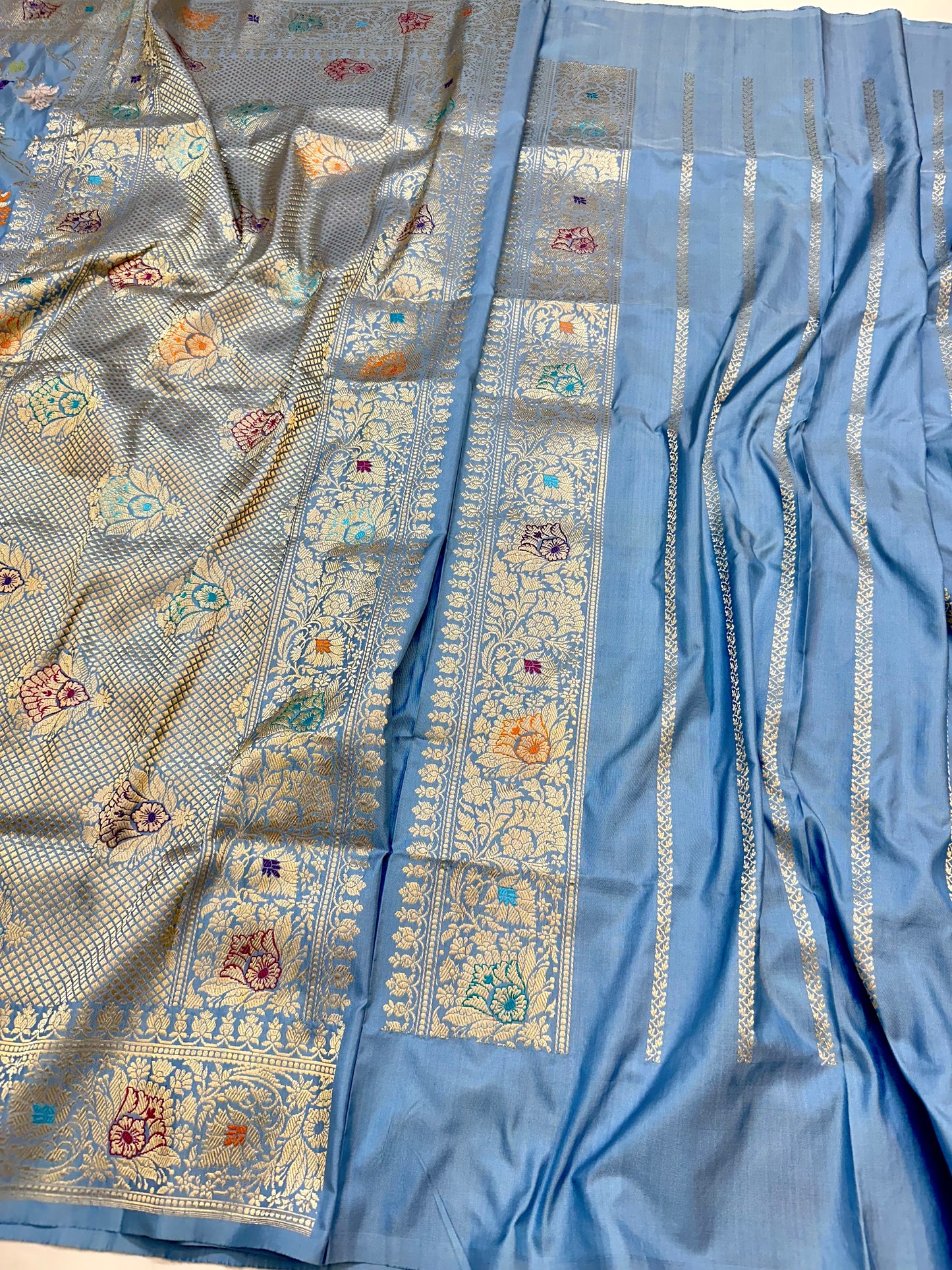 Sky Blue Handloom Pure Banarasi Katan by Katan Silk Saree