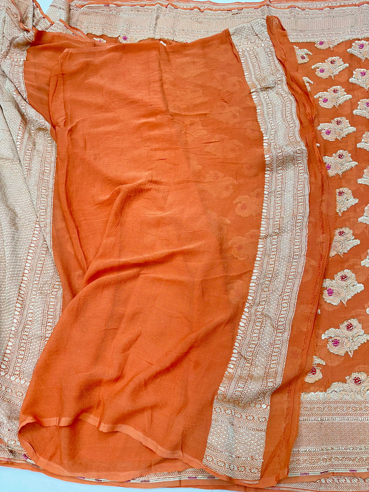 Orangish Peach Pure Banarasi Chiffon Georgette Cutwork weave dyeable Saree