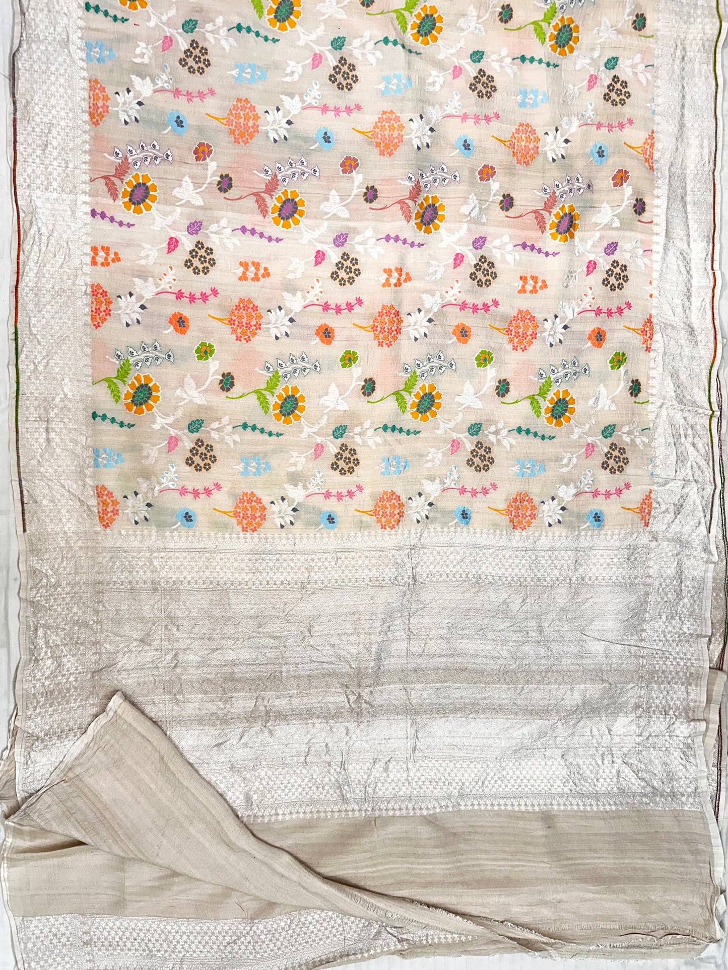 Ivory Banarasi Tassar Silk Cutwork weave dyeable Saree