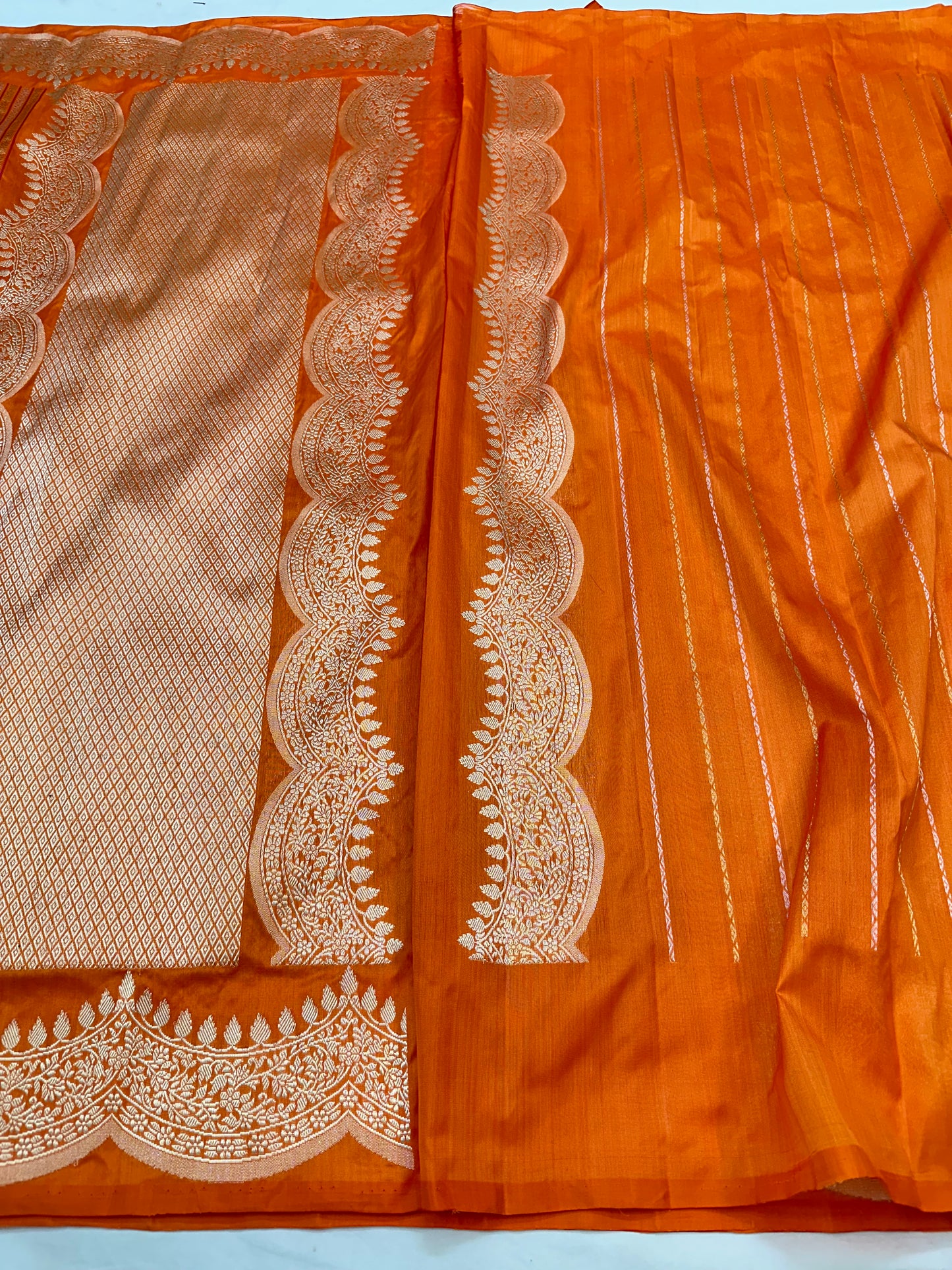 Orange stripes Scallop border Designer Handloom Banarasi Katan by Katan Silk Saree