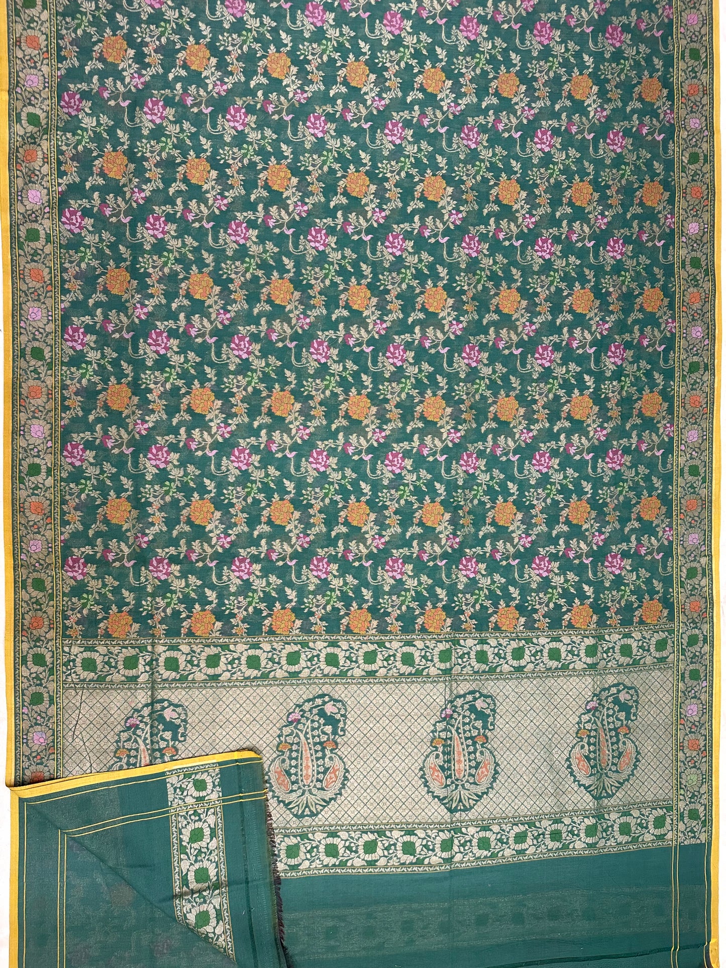 Bottle Green Pure Banarasi Muslin Cotton Jamdani Saree