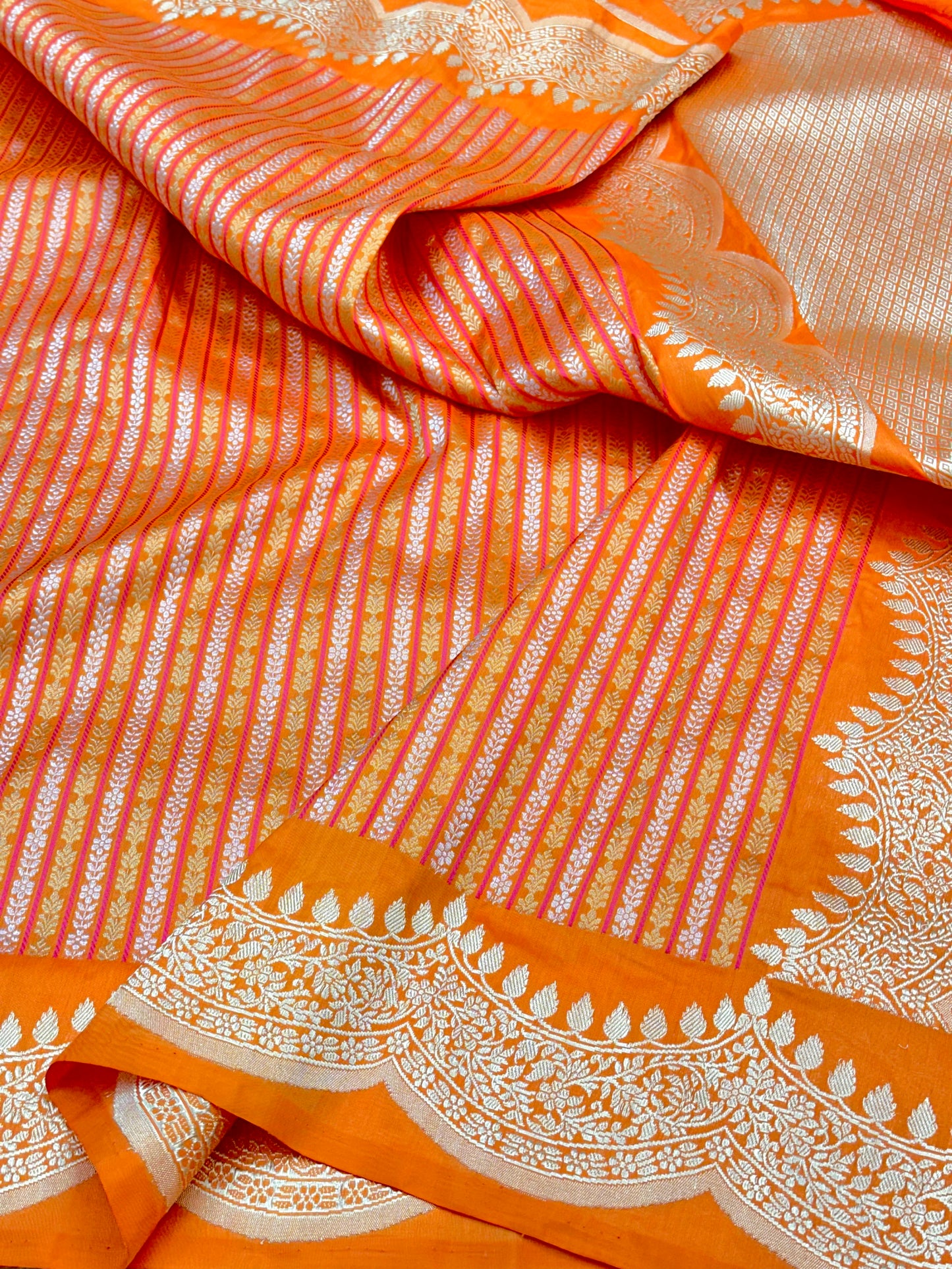 Orange stripes Scallop border Designer Handloom Banarasi Katan by Katan Silk Saree