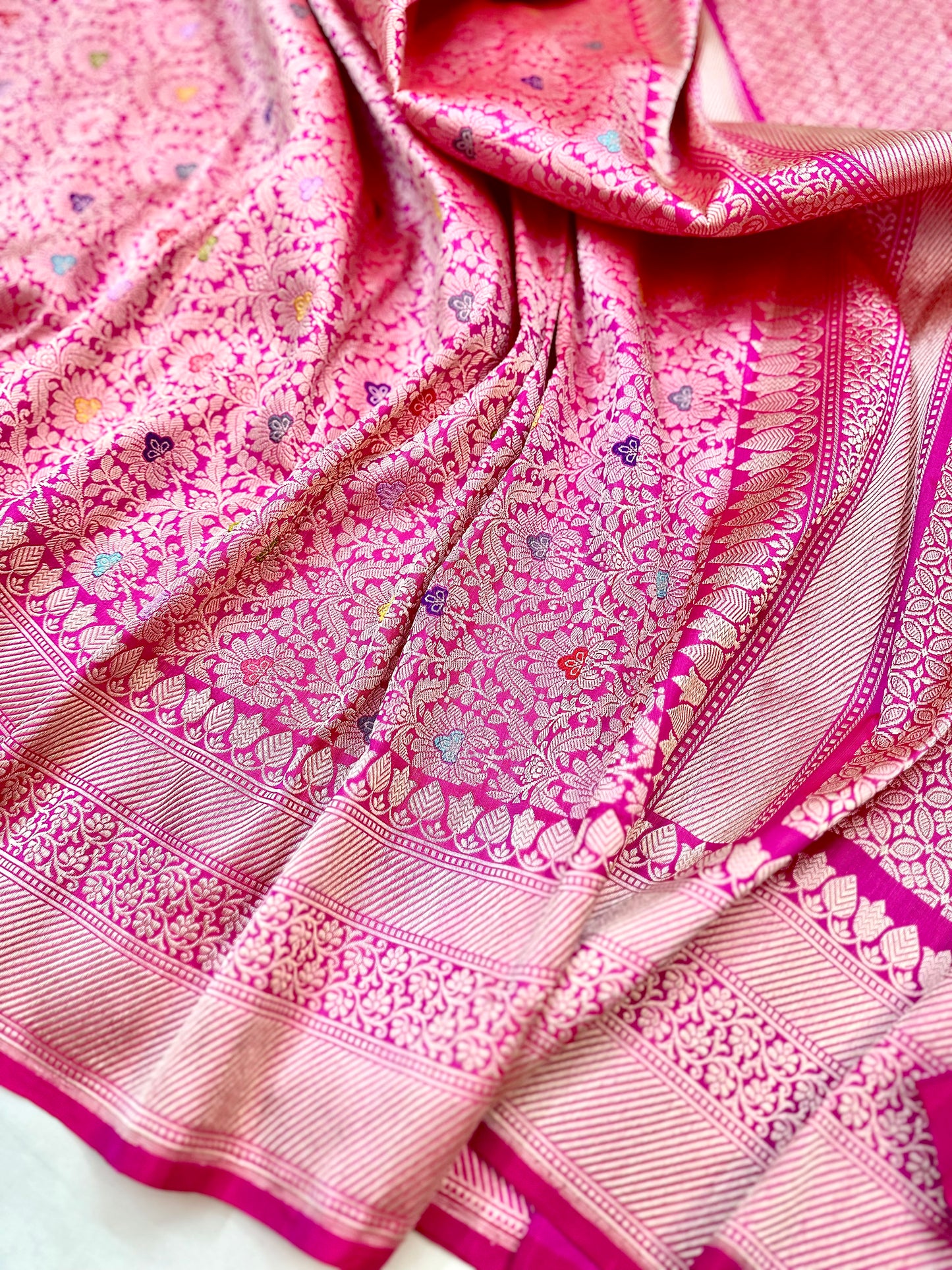 Rani Pink Designer Handloom Pure Banarasi Katan by Katan Silk Kadhwa weave Brocade Saree