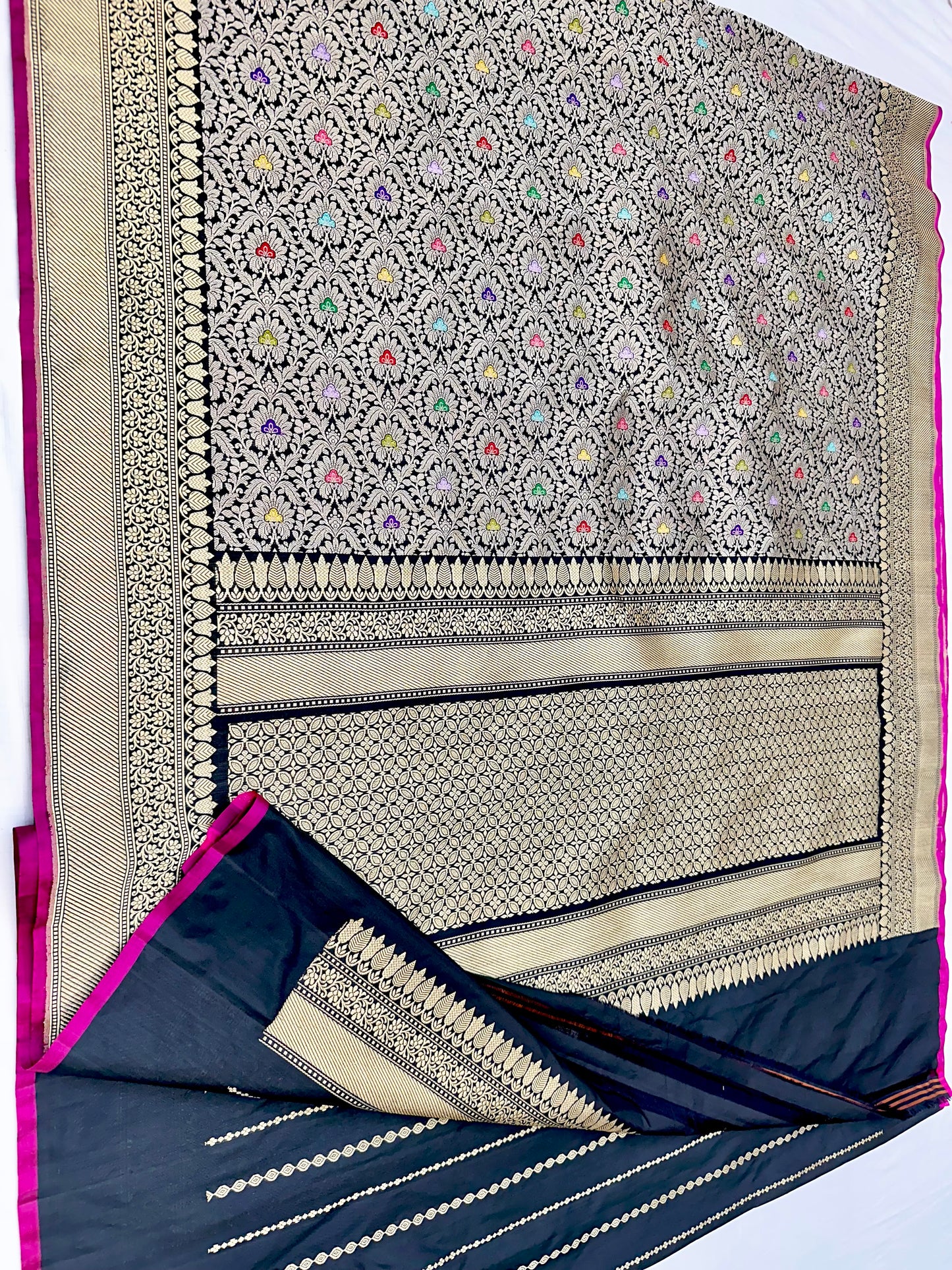Black Designer Handloom Pure Banarasi Katan by Katan Silk Kadhwa weave Brocade Saree