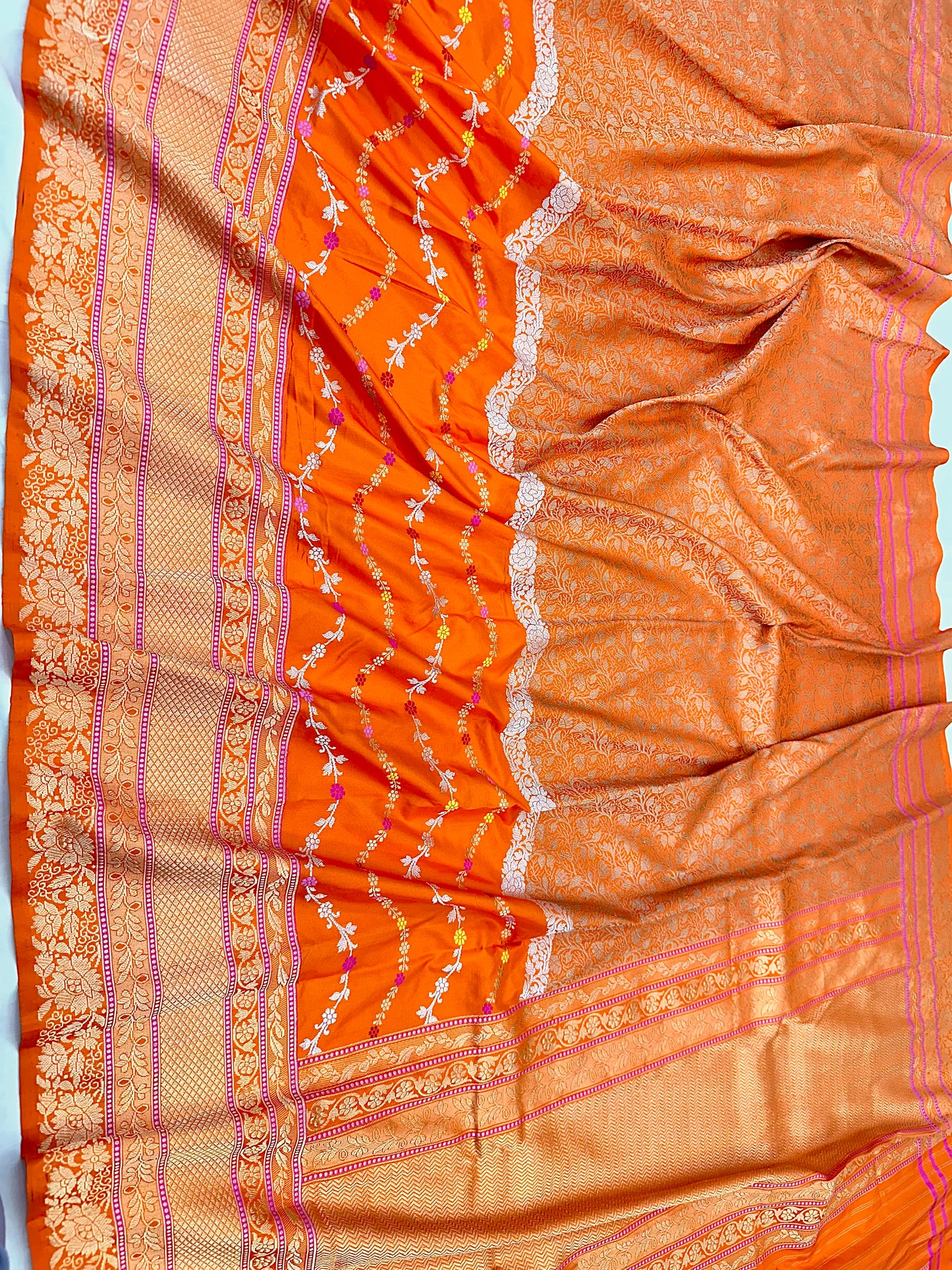 Orange Designer Handloom Pure Banarasi Katan by Katan Silk Kadhwa weave Saree