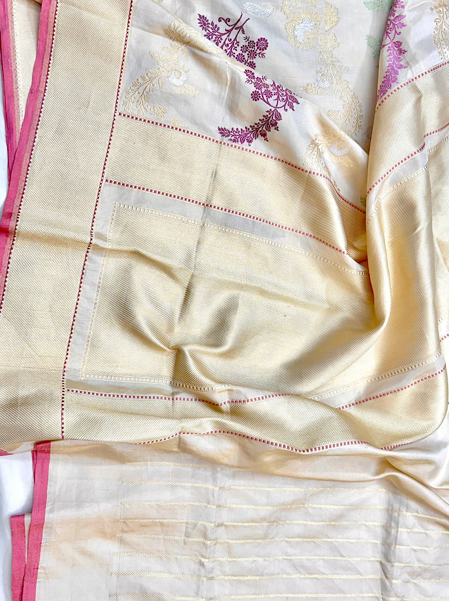 Half white Jaal Pattern Designer Handloom Banarasi Katan by Tissue Silk Saree