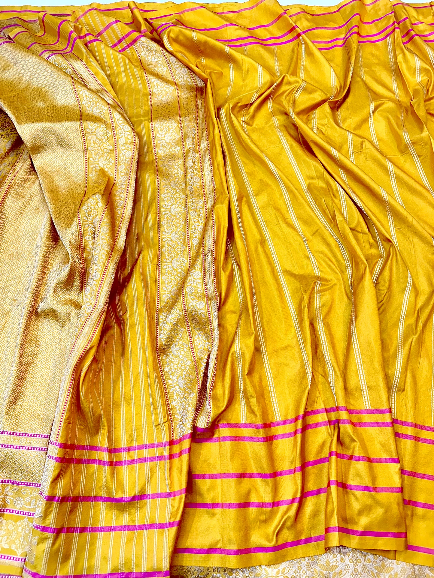 Mustard Yellow Designer Handloom Pure Banarasi Katan by Katan Silk Kadhwa weave Saree