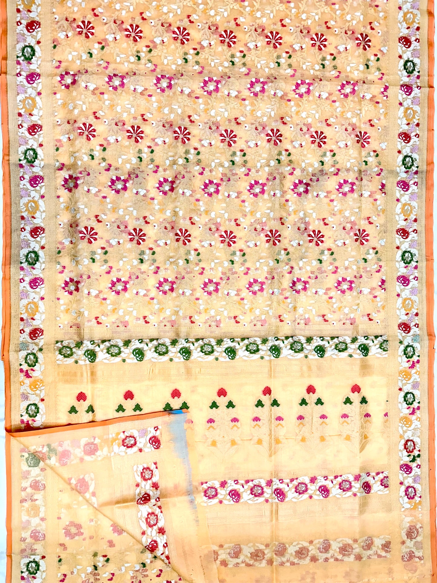 Yellow Pure Banarasi Ektara Muslin Cotton Jamdani Saree