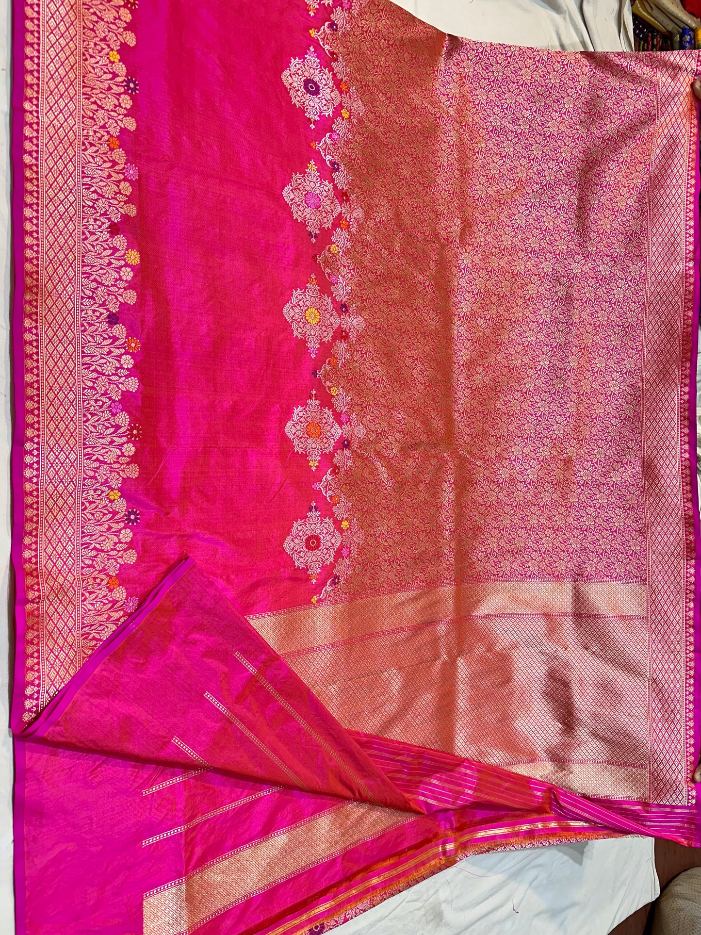 Rani Pink Designer Handloom Pure Banarasi Katan by Katan Silk Kadhwa weave Saree