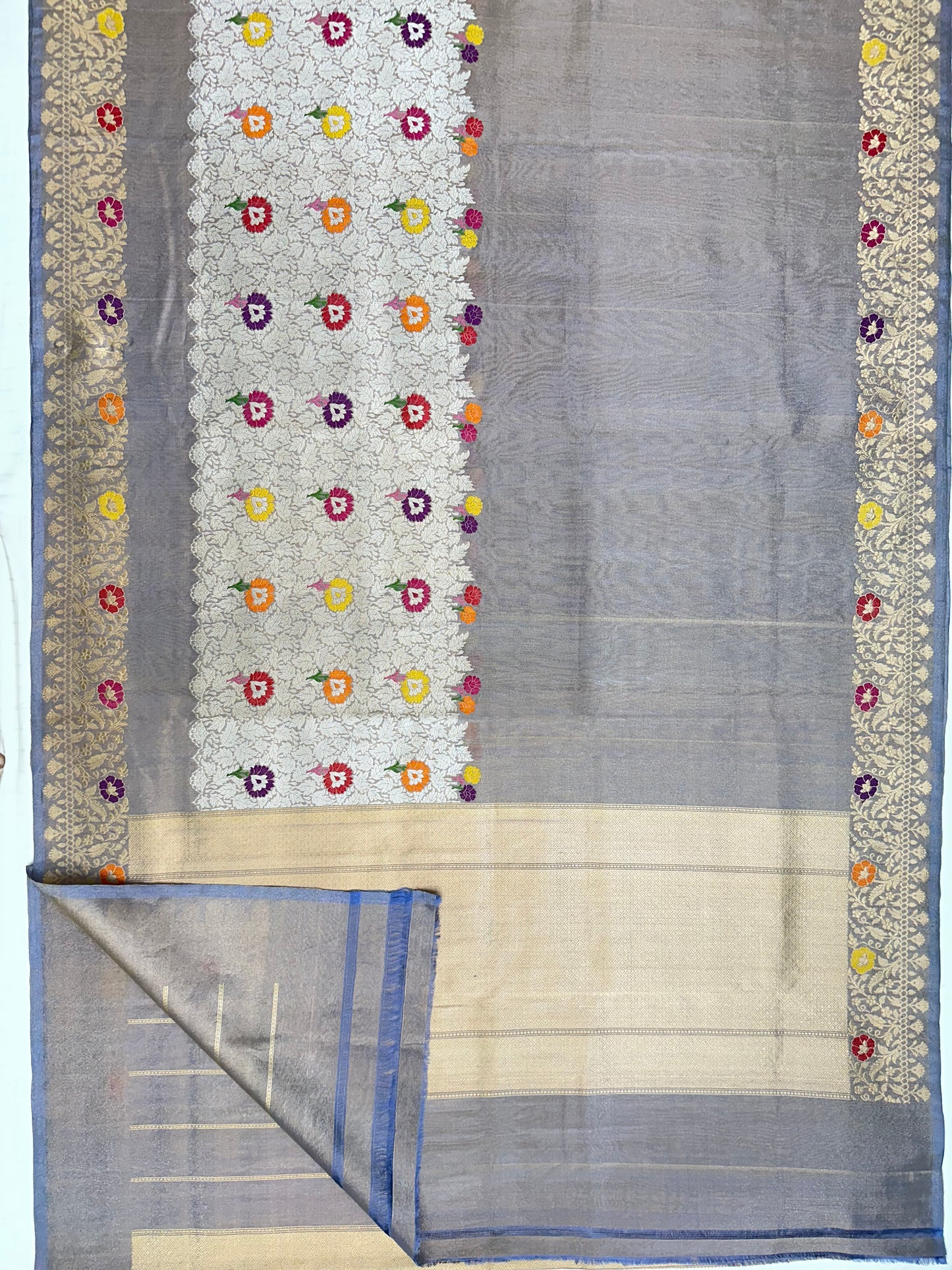Bluish Grey Designer Handloom Banarasi Tissue Silk Saree