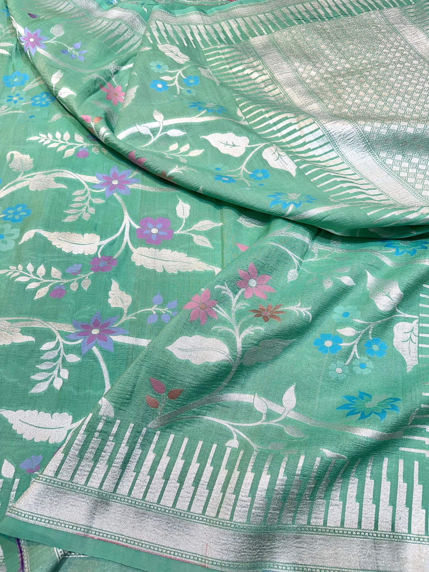 Sea Green Pure Banarasi Tassar Silk Cutwork weave dyeable Saree