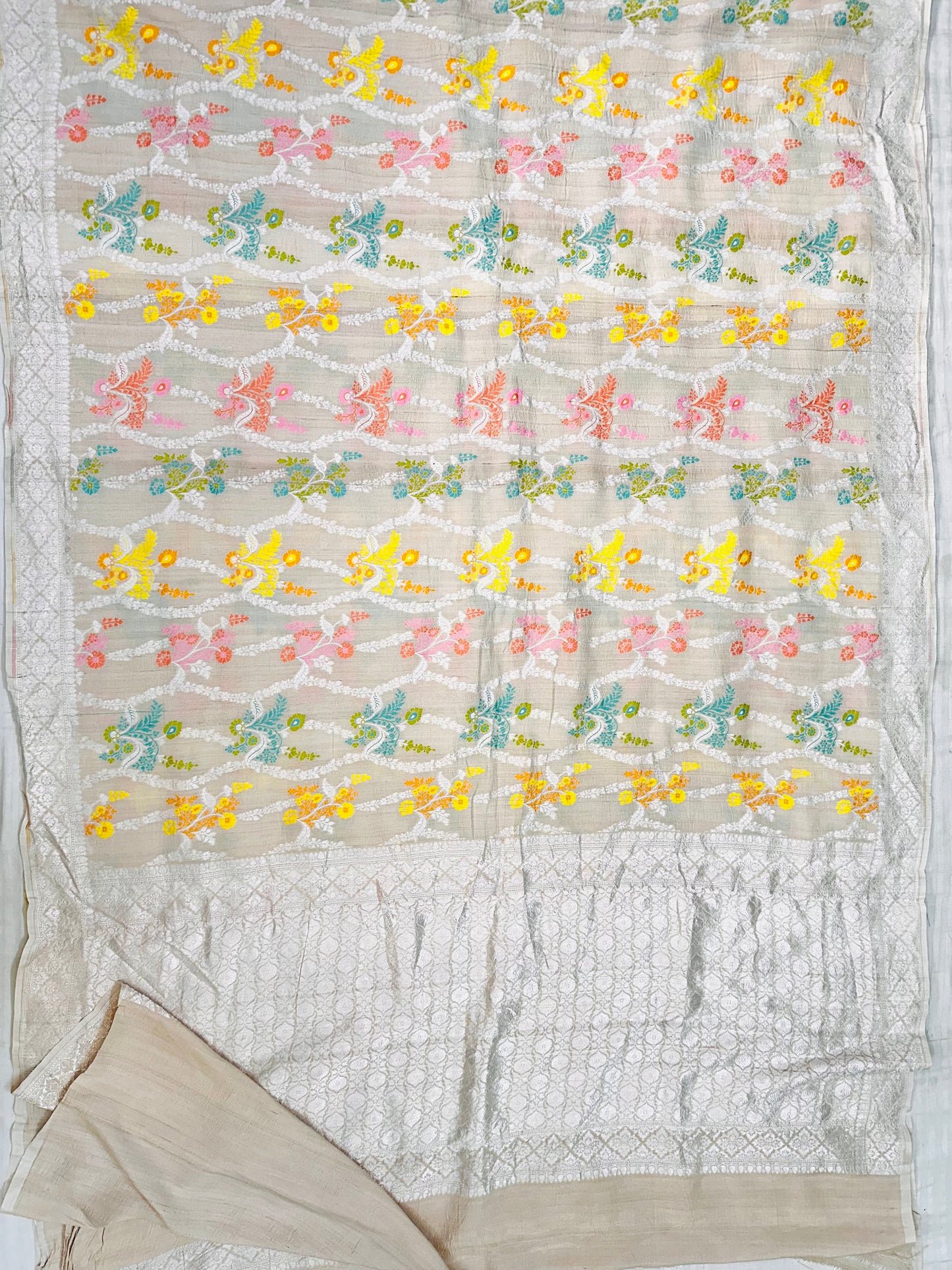 Ivory Banarasi Tassar Silk Cutwork weave dyeable Saree