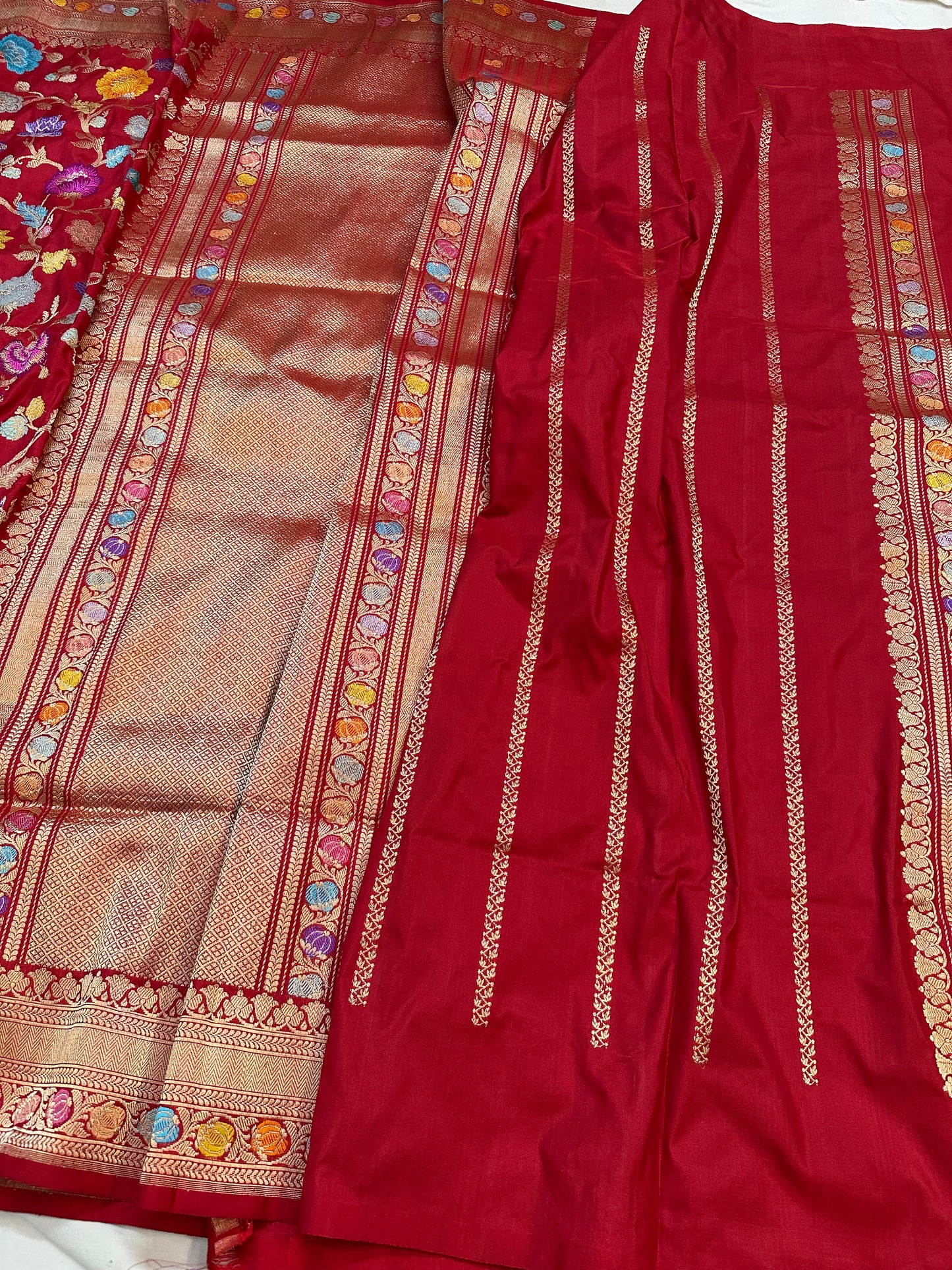 Red Multi Jungla Pure Handloom Banarasi Katan by Katan Silk Saree