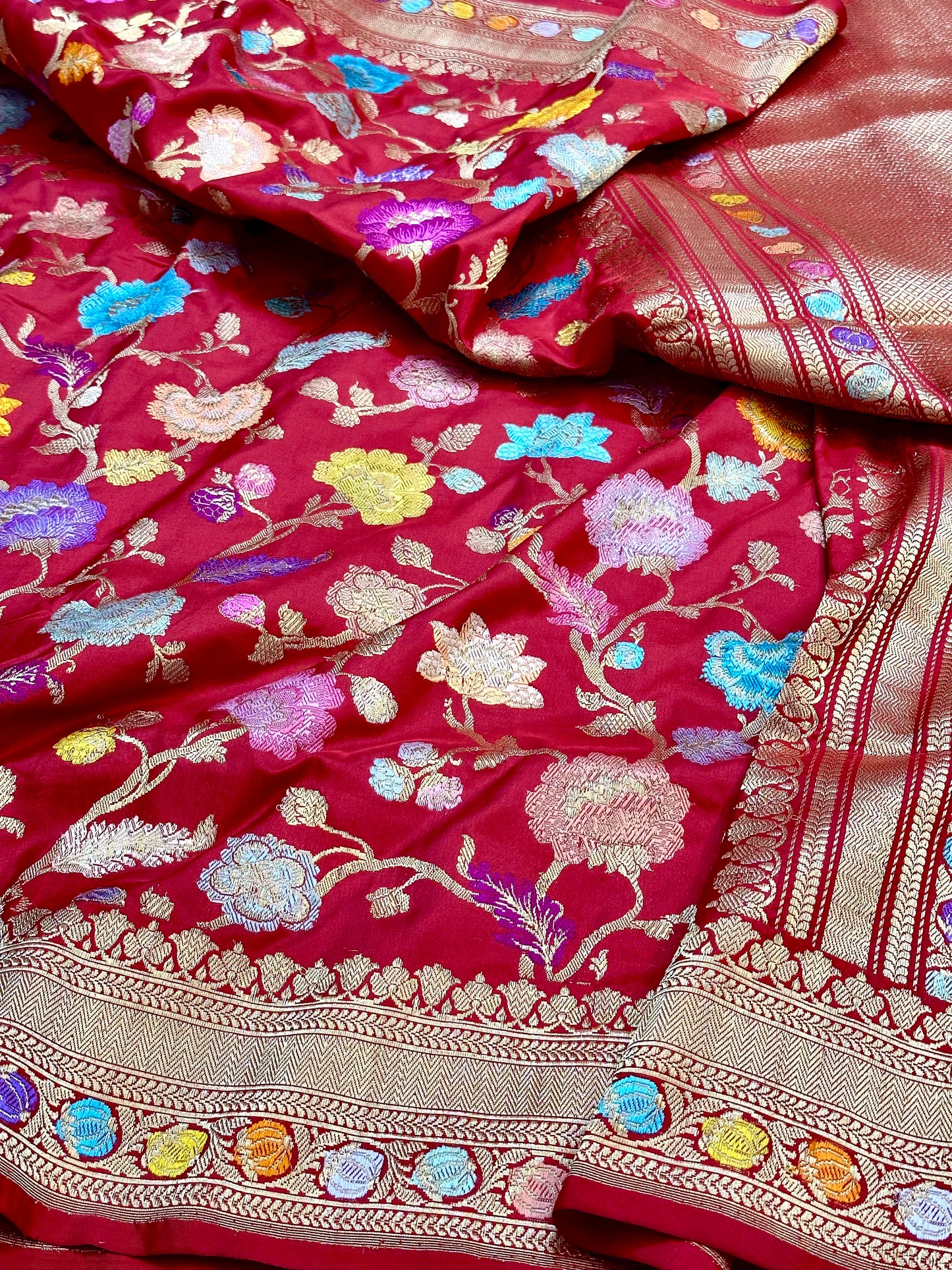 Red Multi Jungla Pure Handloom Banarasi Katan by Katan Silk Saree