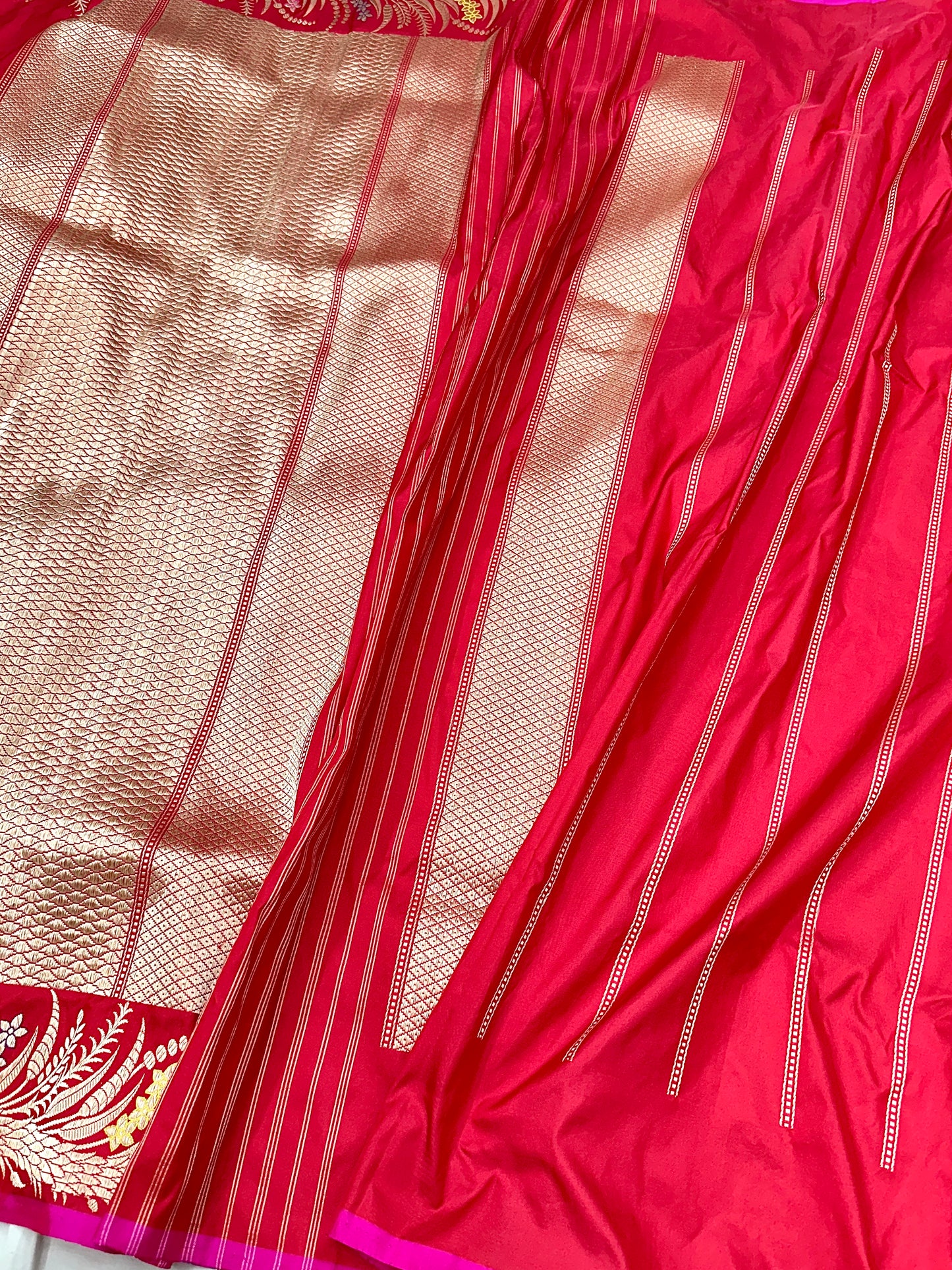 Red Skirt Pattern Designer Handloom Pure Banarasi Katan by Katan Silk Kadhwa weave Saree