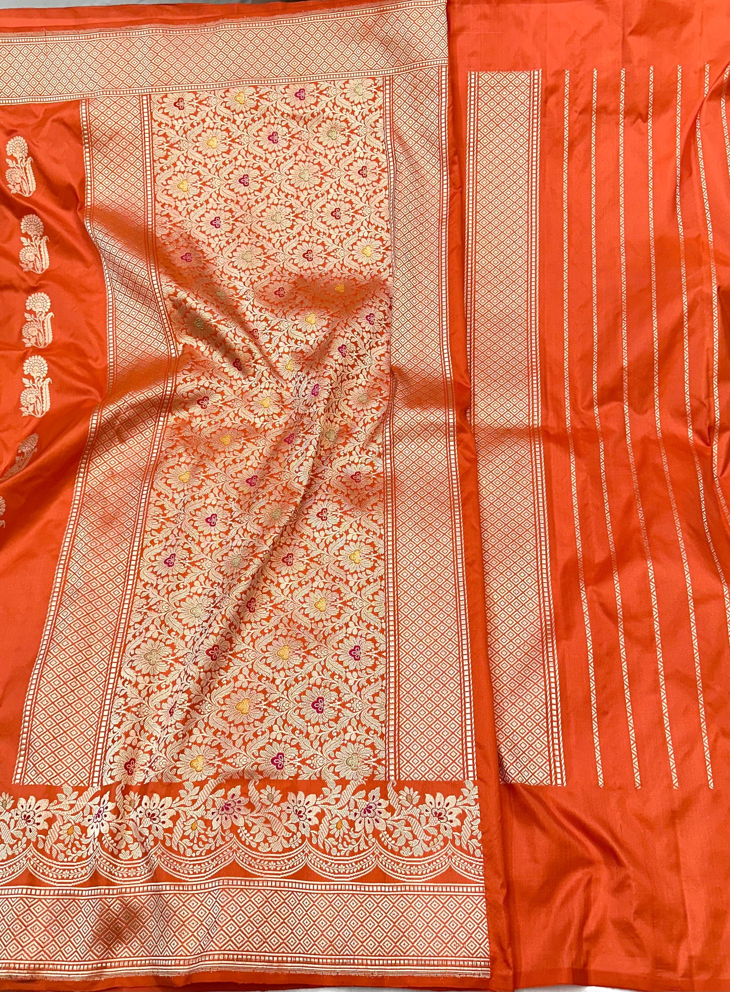 Orange Designer Handloom Banarasi Katan by Katan Silk Saree