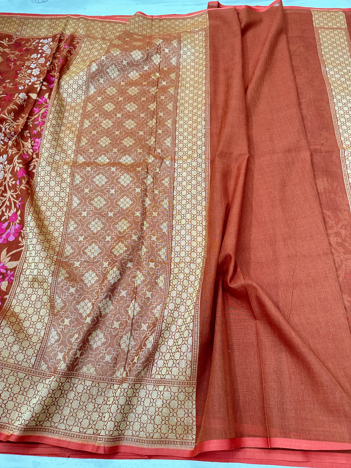 Rust Pure Banarasi Cotton Jamdani Cutwork weave Saree