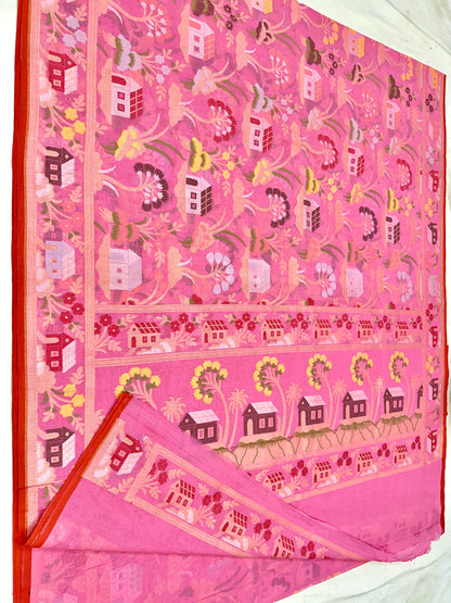 Pink Pure Banarasi Cotton Jamdani Cutwork weave Saree