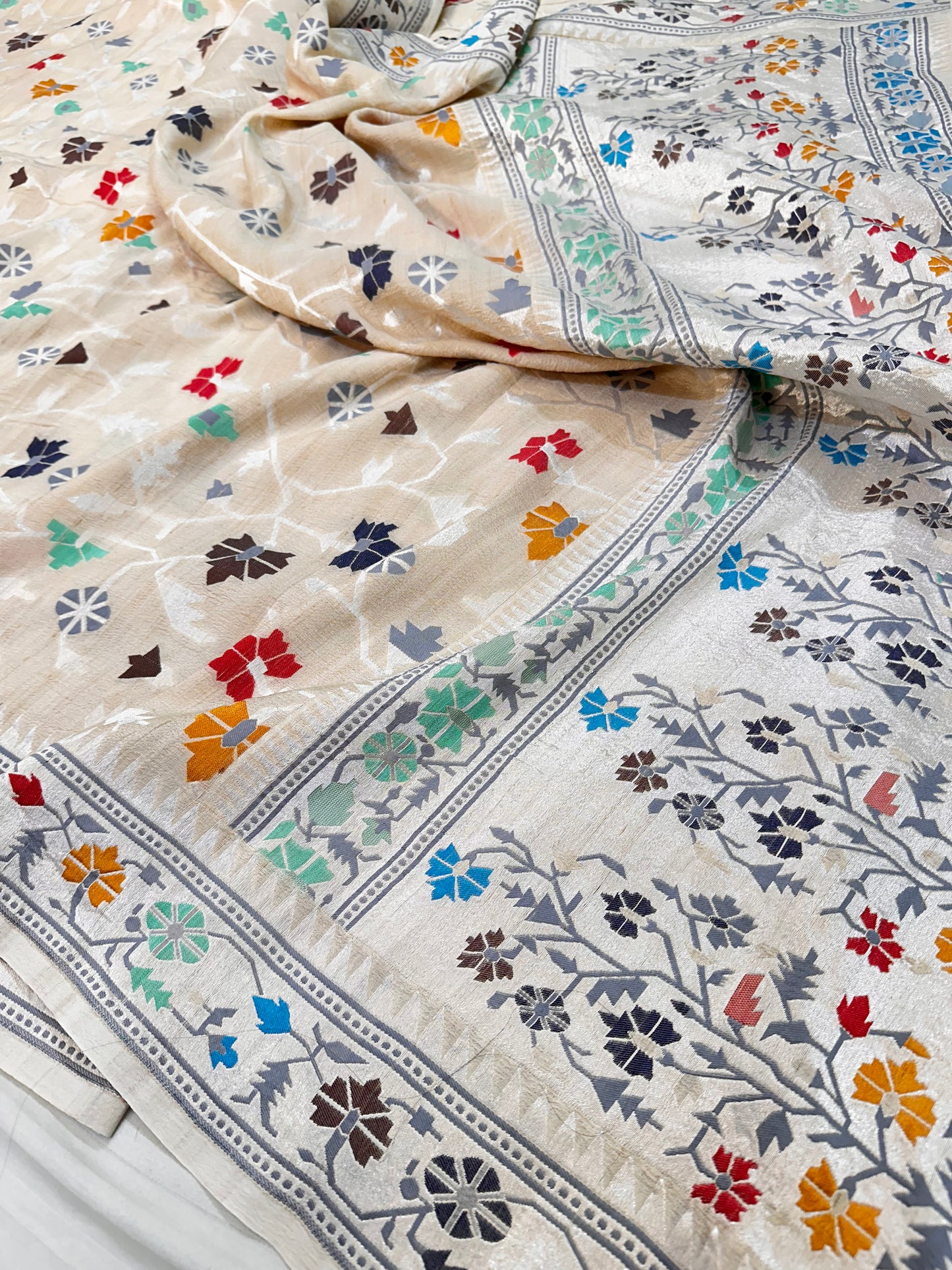 Ivory Banarasi Tassar Silk Cutwork weave dyeable Saree