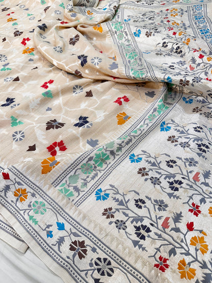 Ivory Banarasi Tassar Silk Cutwork weave dyeable Saree