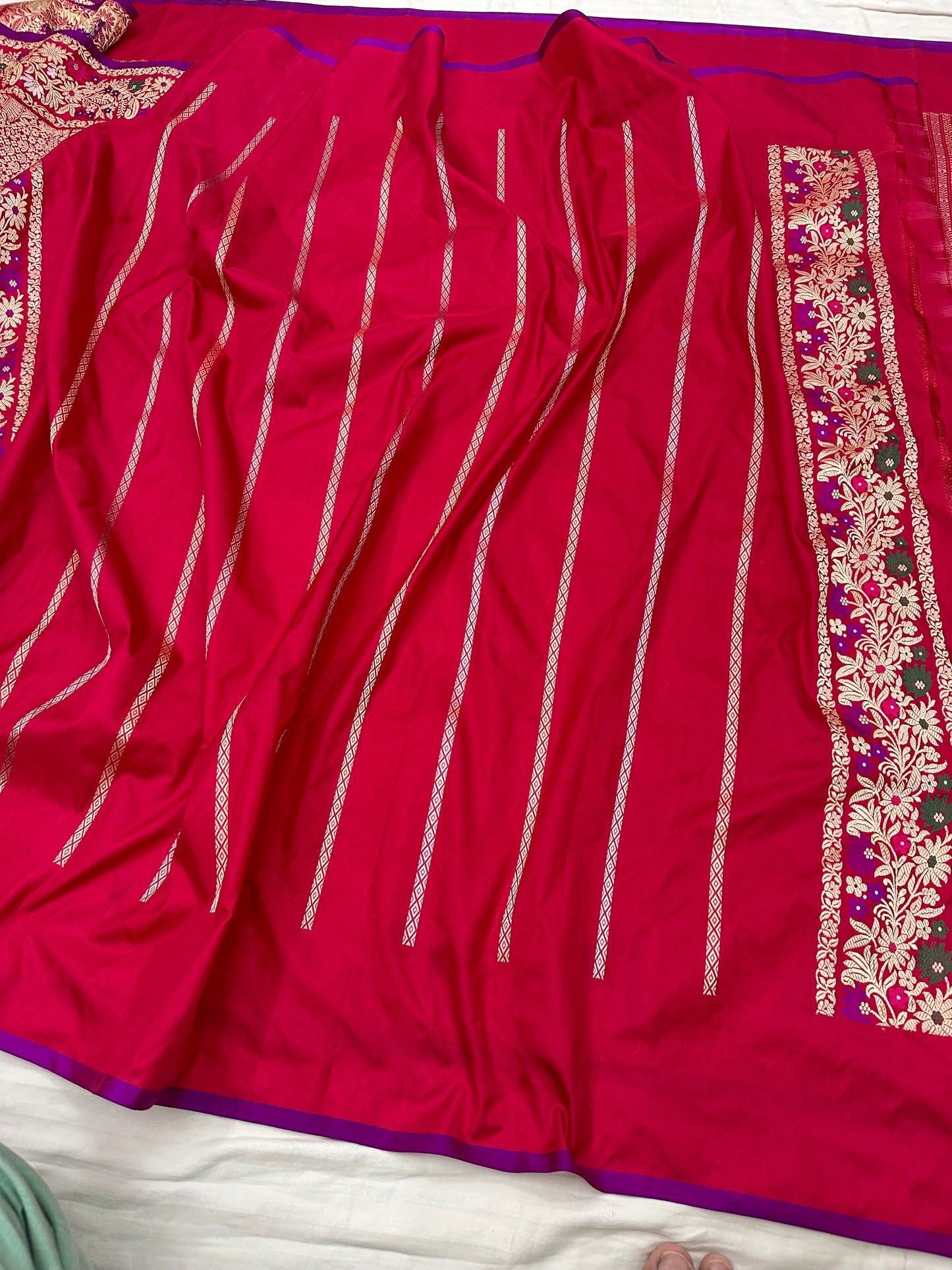 Red stripes Designer Handloom Pure Banarasi Katan by Katan Silk Kadhwa weave Saree