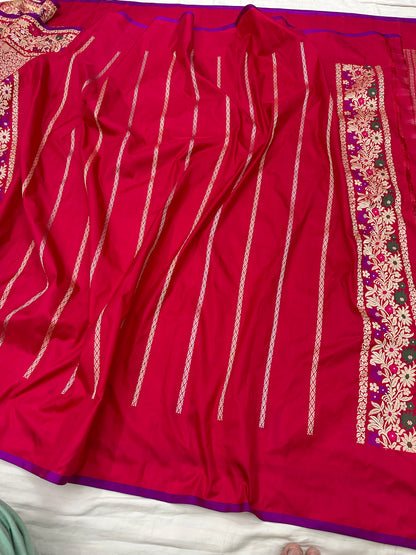 Red stripes Designer Handloom Pure Banarasi Katan by Katan Silk Kadhwa weave Saree