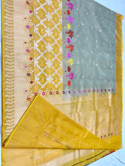 Sea Green & Yellow Half-Half Designer Handloom Pure Banarasi Katan by Tissue Silk Kadhwa weave Saree
