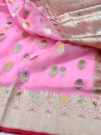 Pink Handloom Pure Banarasi Kora Organza Kadhwa Weave Saree