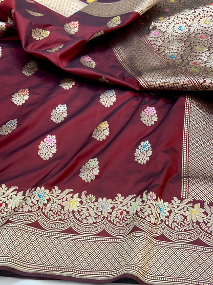 Maroon Designer Handloom Banarasi Katan by Katan Silk Saree