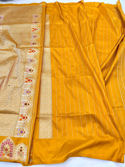 Mustard Pure Handloom Banarasi Katan by Katan Silk Kadhwa weave Saree