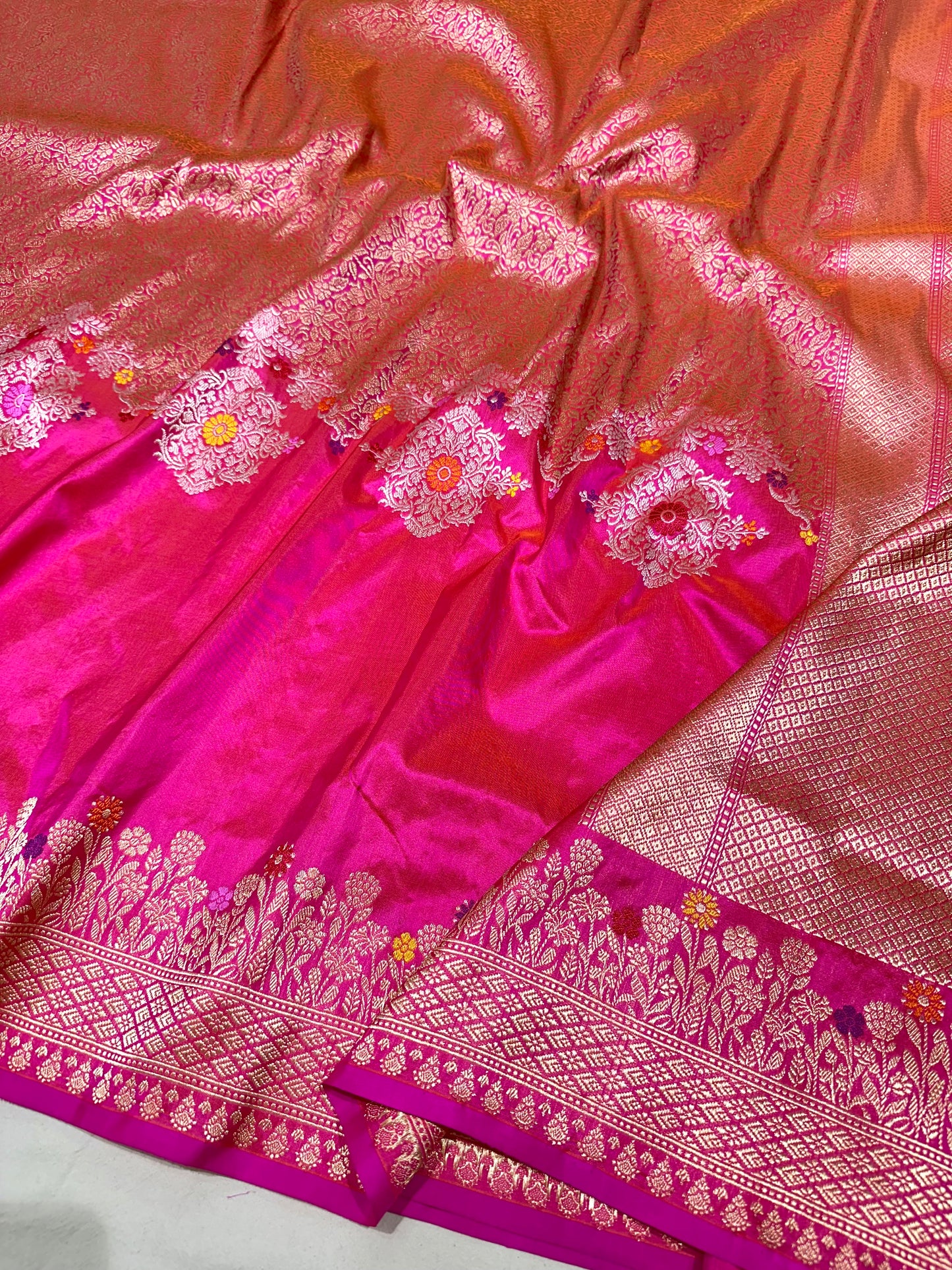 Rani Pink Designer Handloom Pure Banarasi Katan by Katan Silk Kadhwa weave Saree