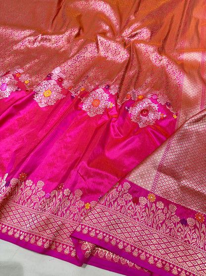 Rani Pink Designer Handloom Pure Banarasi Katan by Katan Silk Kadhwa weave Saree