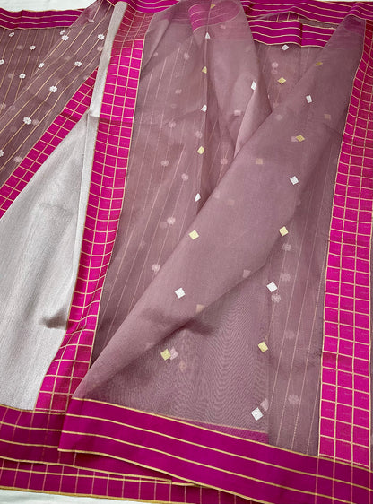 Light Brown Pure Banarasi Handloom Kadhwa Weave Kora Organza Saree