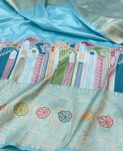 Sky Blue Skirt Pattern Designer Handloom Banarasi Katan by Katan Silk Saree