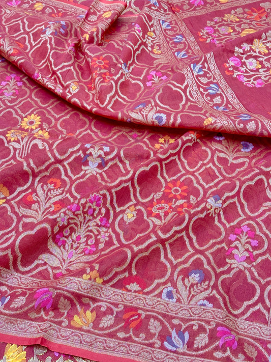 Strawberry Pure Banarasi Cotton Jamdani Cutwork weave Saree