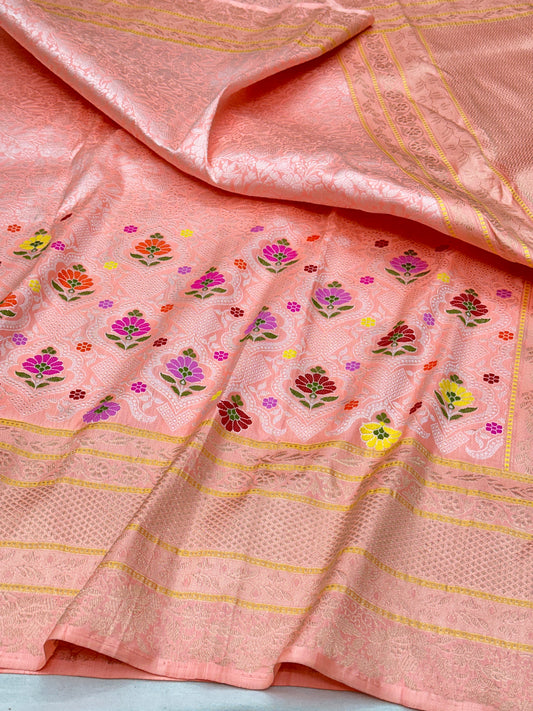 Peach Handloom Pure Banarasi Katan by Katan Silk Kadhwa weave Saree