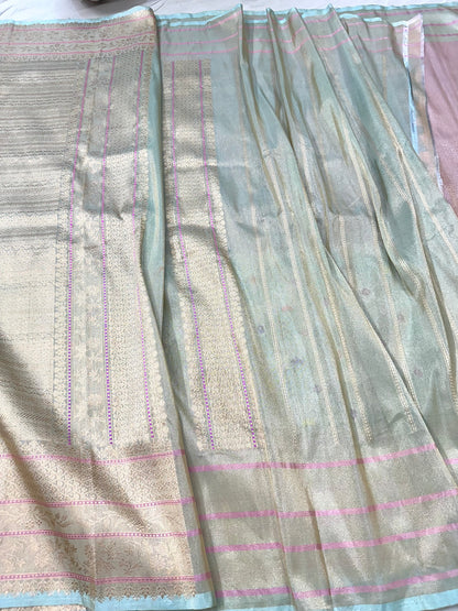 Sea Green & Lavender Half-Half Designer Handloom Pure Banarasi Katan by Tissue Silk Kadhwa weave Saree