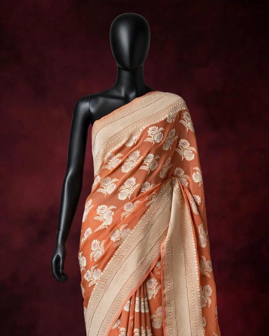 Orangish Peach Pure Banarasi Chiffon Georgette Cutwork weave dyeable Saree