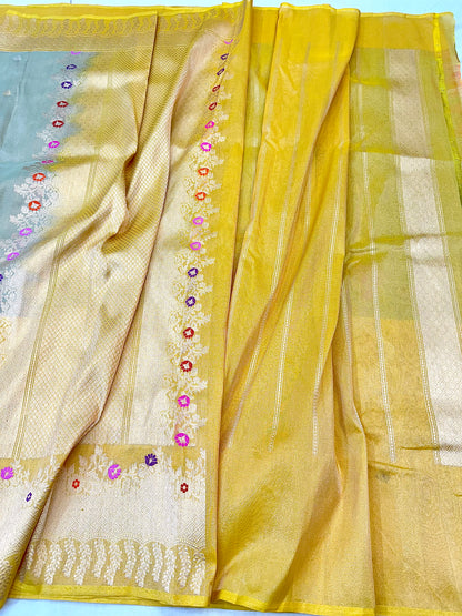 Sea Green & Yellow Half-Half Designer Handloom Pure Banarasi Katan by Tissue Silk Kadhwa weave Saree