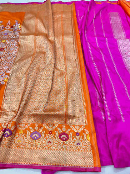 Orange Skirt Pattern Designer Handloom Banarasi Katan by Katan Silk Saree