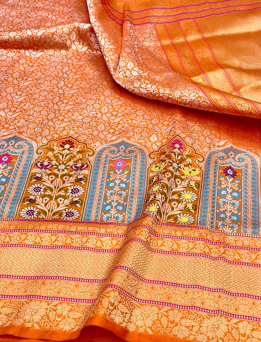 Orange Skirt Pattern Designer Handloom Banarasi Katan by Katan Silk Saree