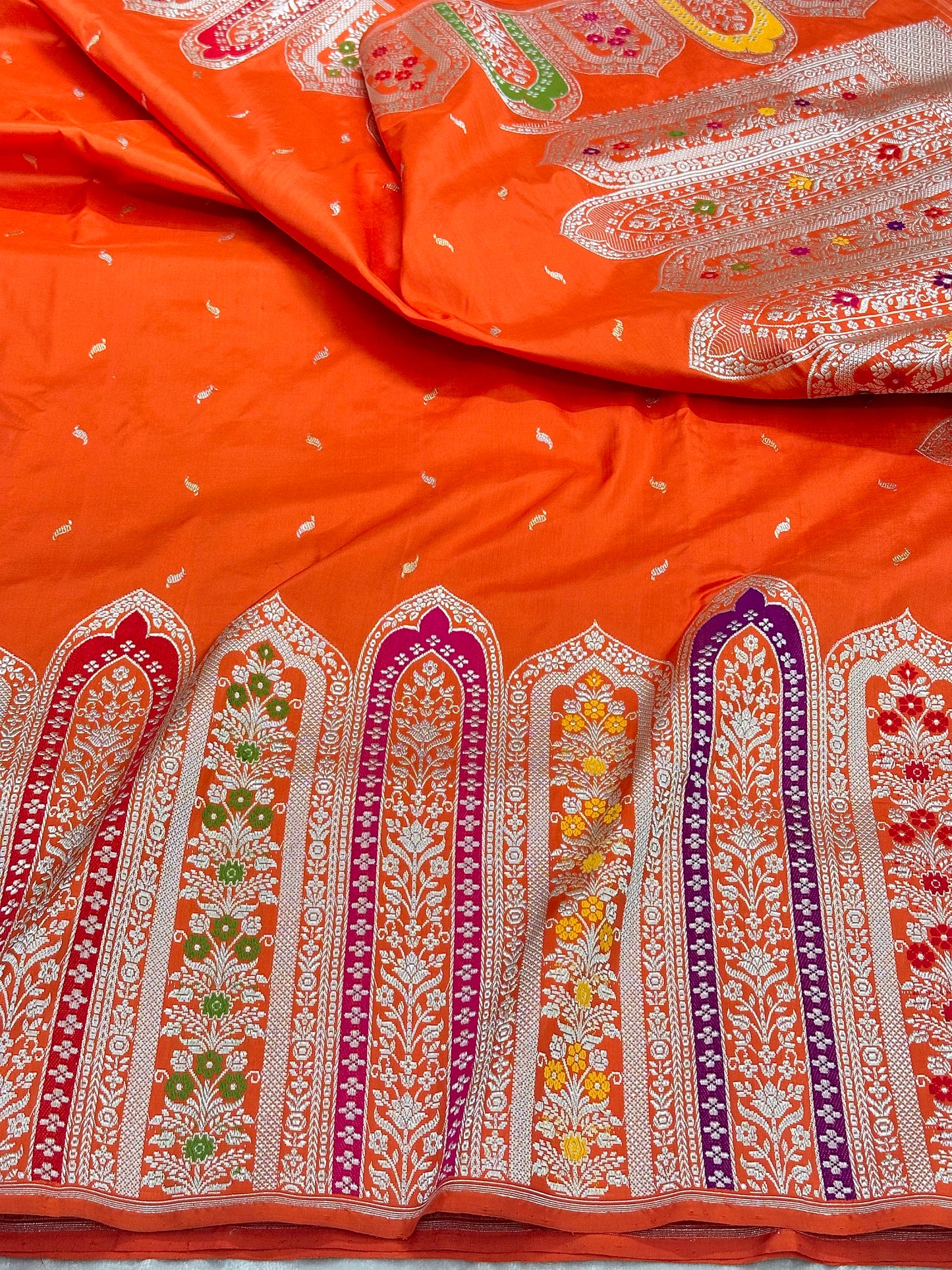 Orange Designer Handloom Pure Banarasi Katan by Katan Silk Kadhwa weave Saree