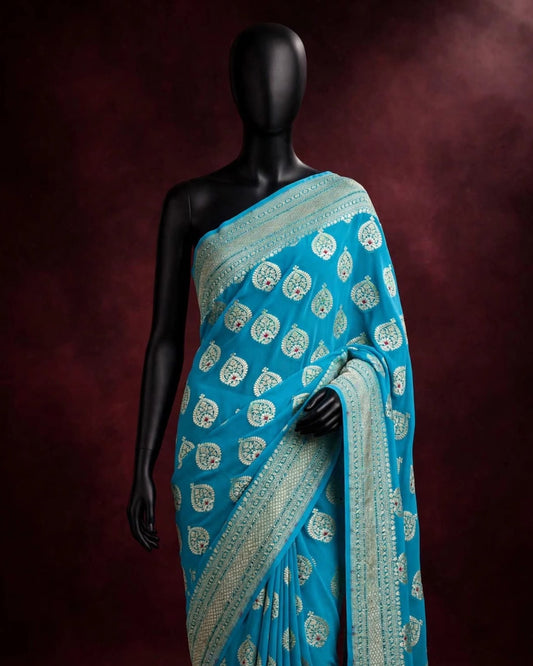 Sky Blue Pure Banarasi Chiffon Georgette Cutwork weave dyeable Saree