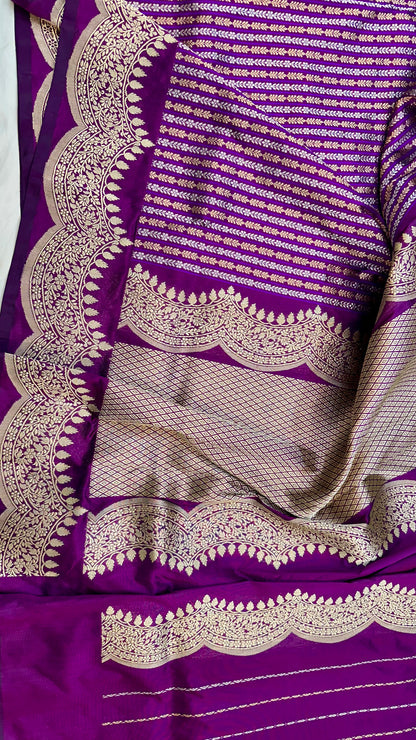 Magenta stripes Scallop border Designer Handloom Banarasi Katan by Katan Silk Saree