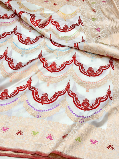 White jaal designer Pure Handloom Banarasi Katan by Katan Silk Kadhwa weave Saree