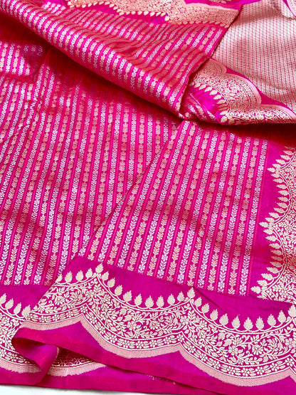 Rani Pink Stripes Scallop border Designer Handloom Banarasi Katan by Katan Silk Saree