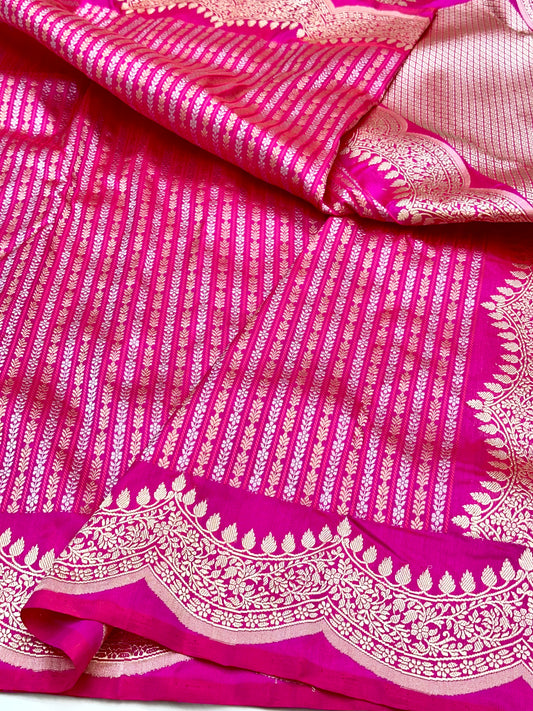 Rani Pink Stripes Scallop border Designer Handloom Banarasi Katan by Katan Silk Saree