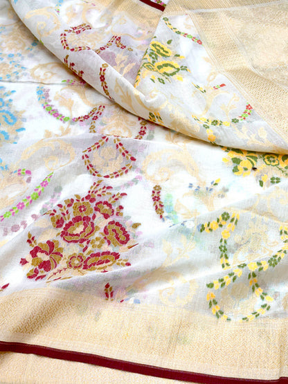 White Pure Banarasi Cotton Jamdani Cutwork weave Saree