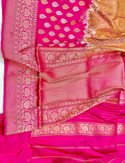 Rani Pink Designer Half-Half Handloom Pure Banarasi Katan by Katan Silk Kadhwa weave Saree