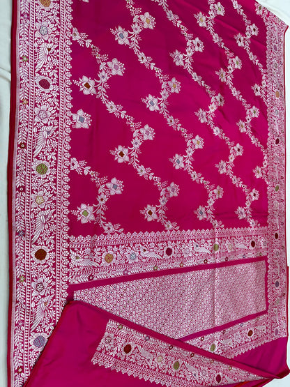 Strawberry Pink Pure Handloom Banarasi Katan by Katan Silk Ektara Kadhwa weave Saree